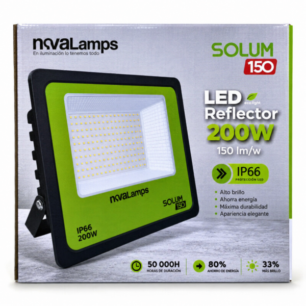 Reflector LED Novalamps Solum 150 de 200W color verde y negro con protección IP66 sobre fondo blanco