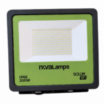 reflector LED Novalamps de 200W con diseño moderno y acabado verde claro sobre fondo blanco