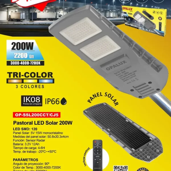 Pastoral LED Solar Opalux OP-SSL200CCT de 200W con tecnología Tri-Color y sensor radar