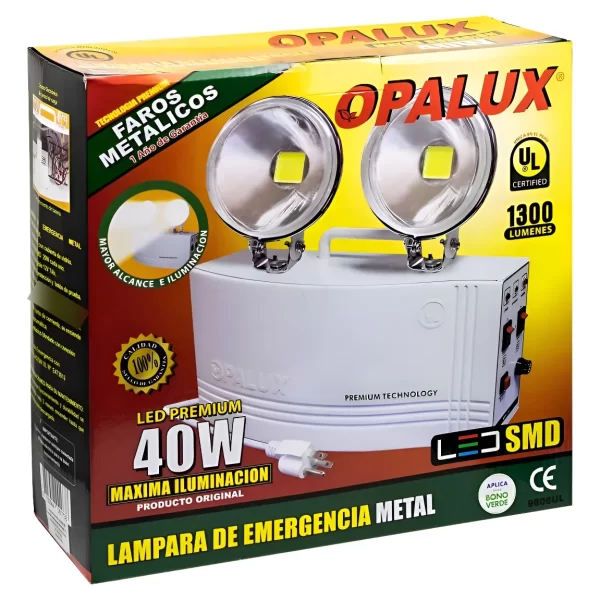 Luminaria de emergencia LED Opalux 40W modelo 9808UL con certificación UL y 1300 lúmenes