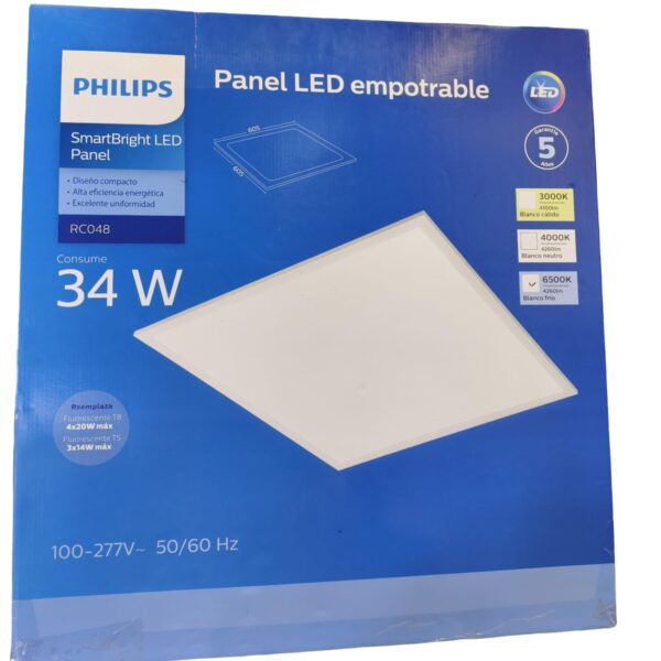 Panel LED empotrable Philips RC048 de 34W luz fría 6500K y 4260 lúmenes