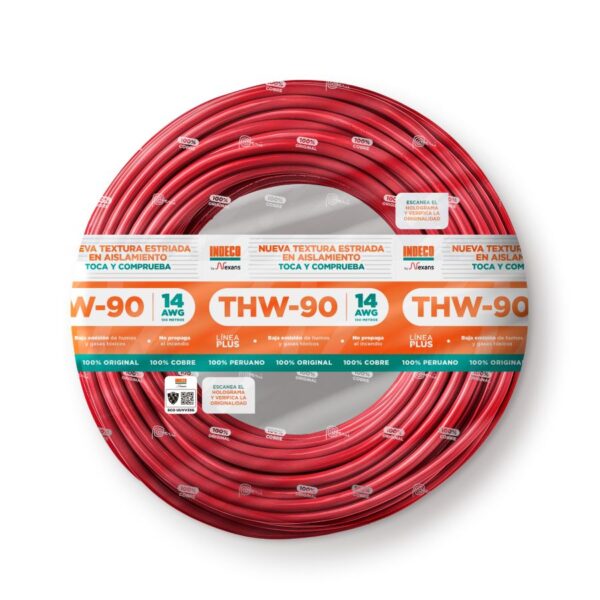 Conductor eléctrico estriado INDECO THW-90 PLUS calibre 14 AWG color rojo para instalaciones de 750V