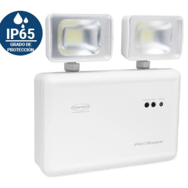 Luminaria de emergencia industrial Segurimax 9.6W con 1200 lúmenes, protección IP65 y faros de 360°