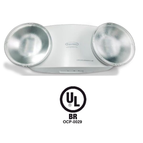 Luminaria de emergencia LED Segurimax 2.4W con 200 lúmenes, 2 faros ajustables y luz blanca 6000K para interiores