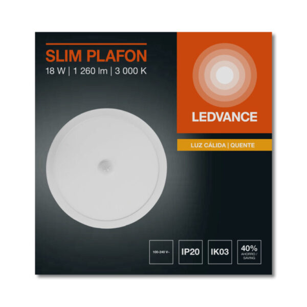 Plafón LED redondo Ledvance Slim 18W con sensor de movimiento PIR y luz cálida 3000K.