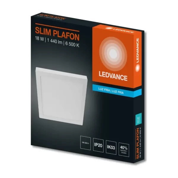 Plafón LED cuadrado Ledvance Slim de 18W luz blanca fría 6500K color blanco.