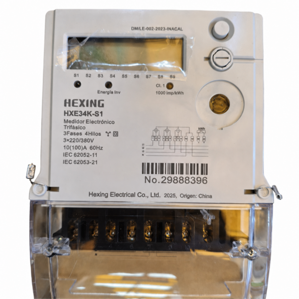 Medidor electrónico trifásico HEXING HXE34K-S1 certificado por INACAL de 3 fases 4 hilos