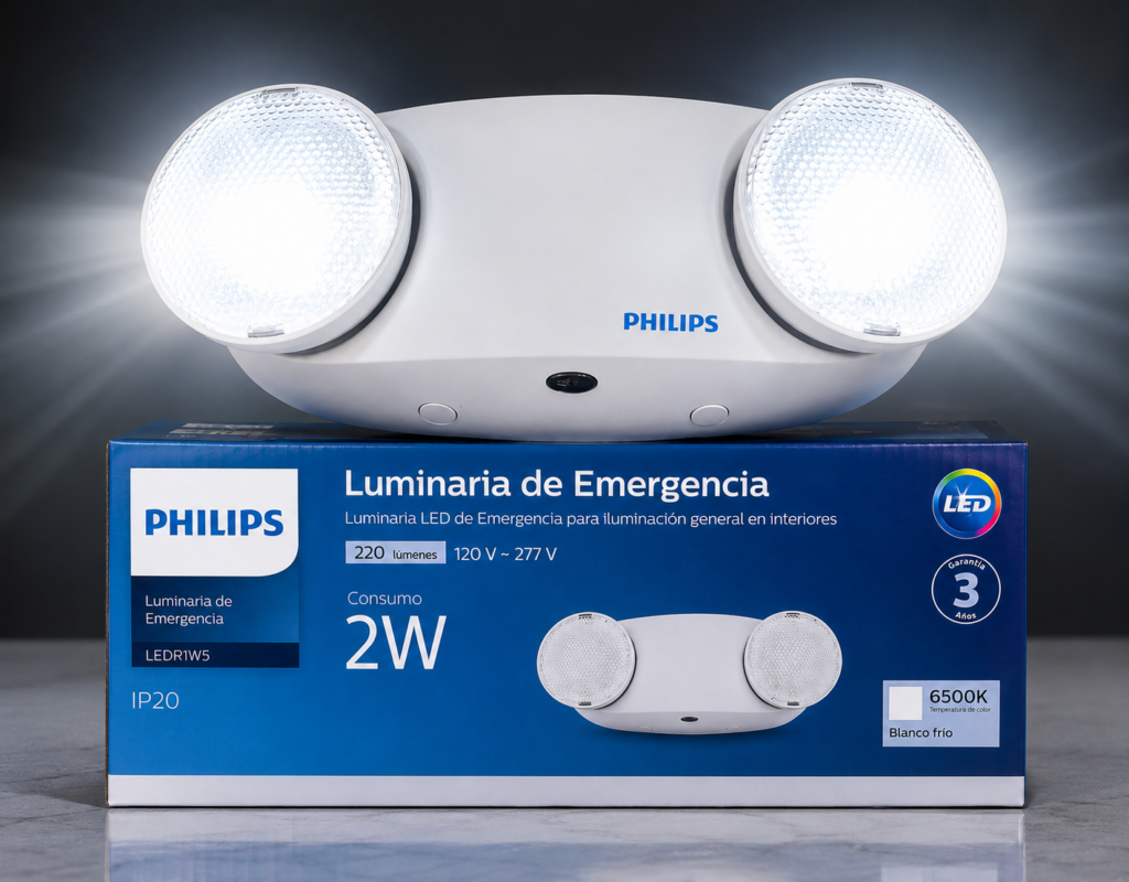 Luminaria de emergencia Philips LED 2W iluminando en corte de energía