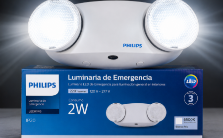 Luminaria de emergencia Philips LED 2W iluminando en corte de energía