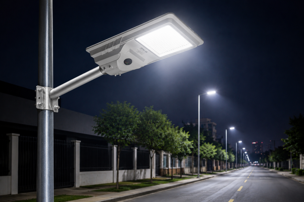 Luminaria solar Opalux 500W LED iluminando calle exterior durante la noche