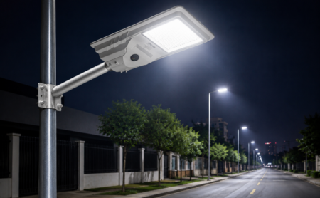 Luminaria solar Opalux 500W LED iluminando calle exterior durante la noche