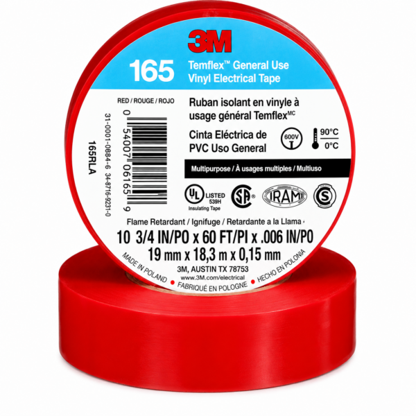 Cinta aislante 3M Temflex 165 roja de 19 mm x 18.3 m para codificación y aislamiento eléctrico