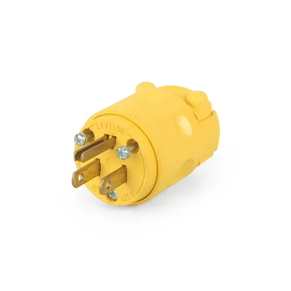 Enchufe macho de PVC amarillo Leviton 515PV con conexión a tierra 2P+T y capacidad de 15A