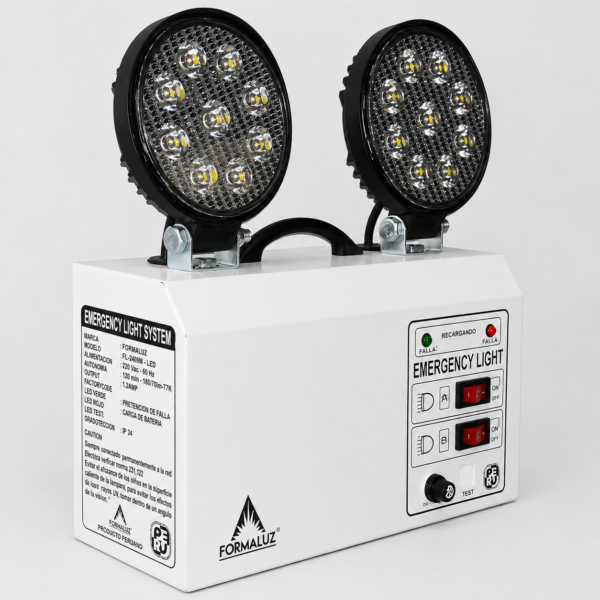 Equipo de luz de emergencia Formaluz con dos faros LED articulados y gabinete metálico blanco