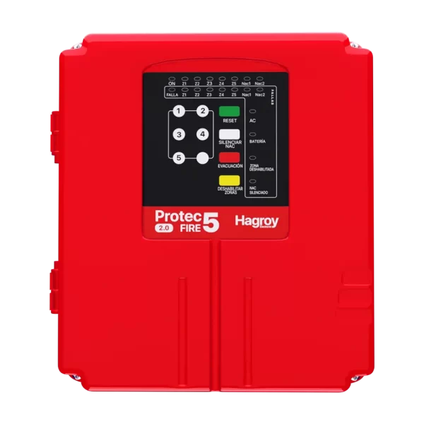 Panel de alarma contra incendio Hagroy HG-PTFIRE5-2.0 en gabinete metálico rojo de 5 zonas