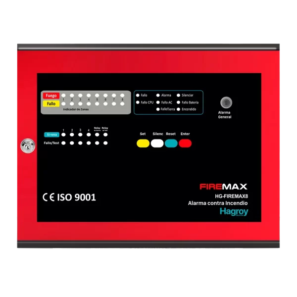 Panel de alarma contra incendio Hagroy HG-FIREMAX8 en gabinete de acero rojo de 8 zonas