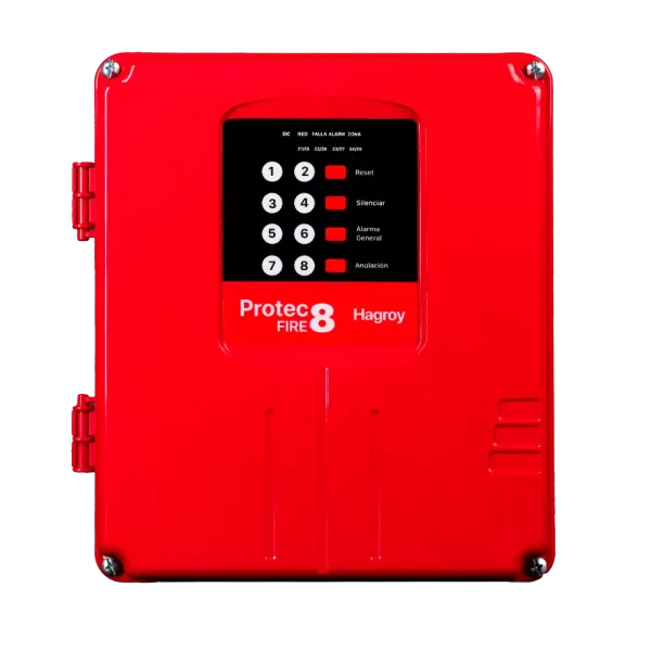 Panel de alarma contra incendio Hagroy HG-ACI-PTFIRE8 en gabinete metálico rojo de 8 zonas
