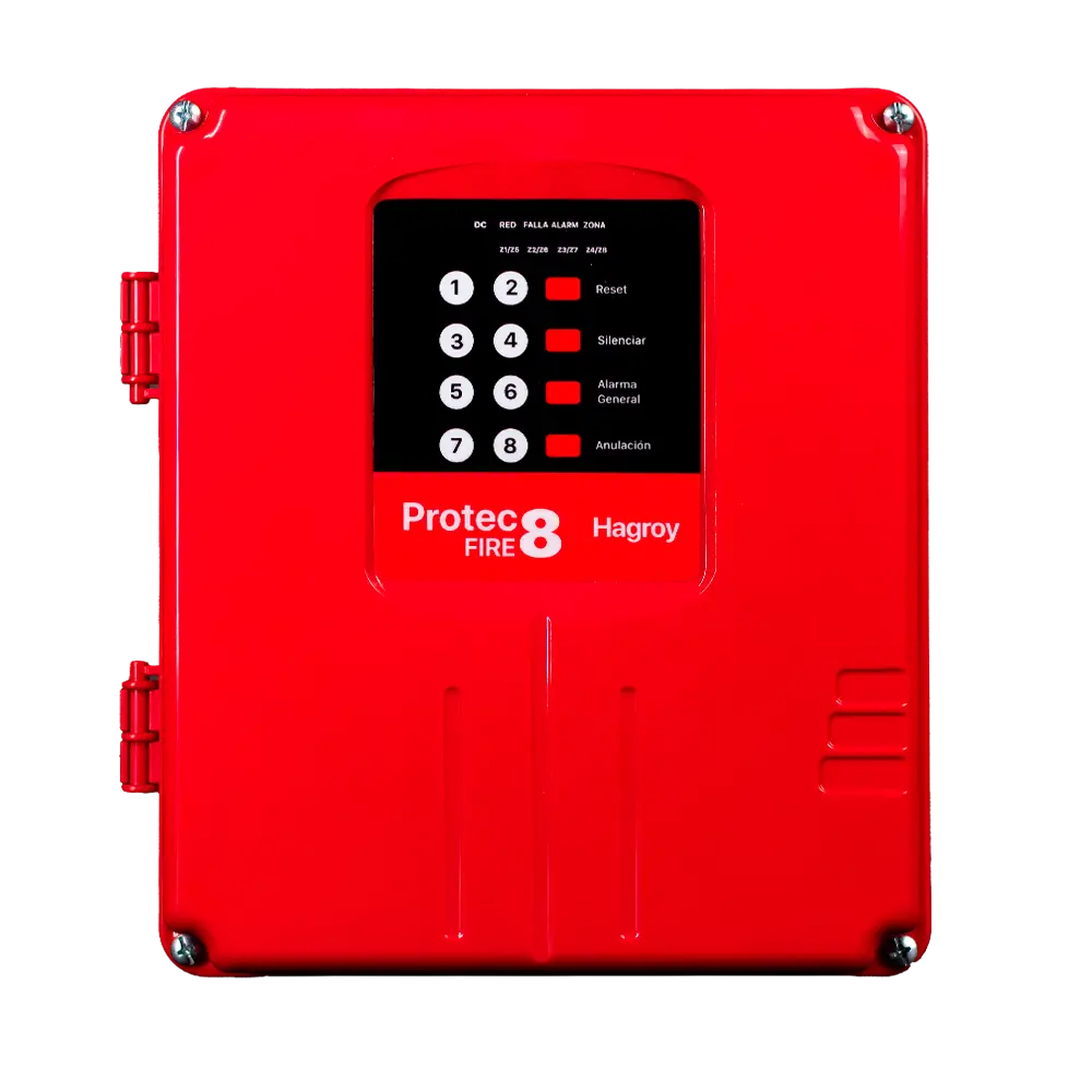 Central de Incendio Hagroy HG-ACI-PTFIRE8 Panel de alarma contra incendio Hagroy HG-ACI-PTFIRE8 en gabinete metálico rojo de 8 zonas
